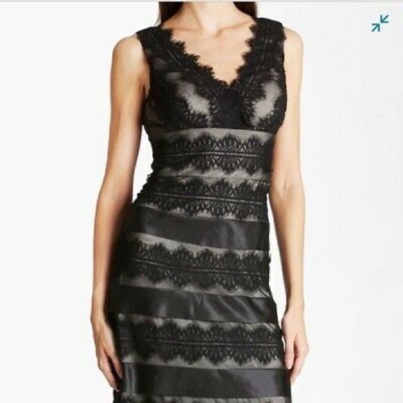 JS Collections Dress Lace Satin Sheath V Neck Black Nude Sleeveless Dress - Picture 2 of 15